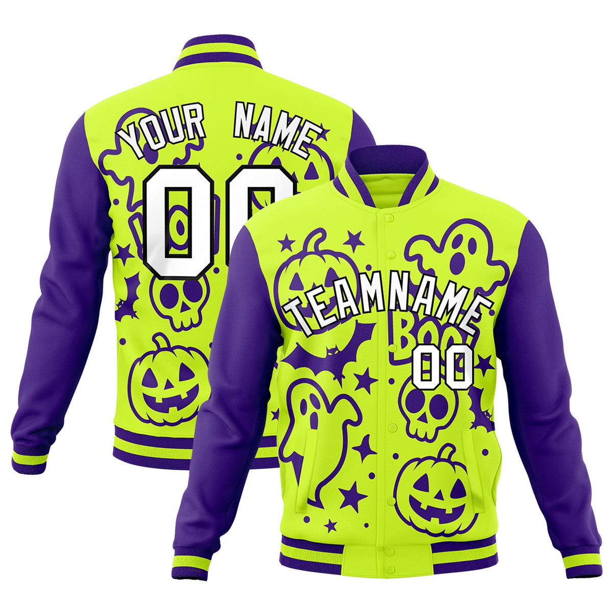Custom Purple Neon Green White Bats Pumpkins Ghost Patterns Halloween Letterman Jacket | Custom Letterman Jacket,Add Name and Numbern,Sublimation Printed &amp; Stitched,Perfect for Parties | KXKSHOP