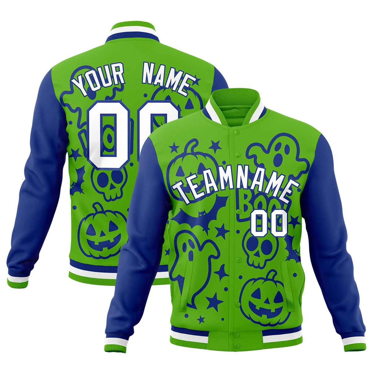 Custom Green Royal Blue White Bats Pumpkins Ghost Patterns Halloween Letterman Jacket | Custom Letterman Jacket,Add Name and Numbern,Sublimation Printed &amp; Stitched,Perfect for Parties | KXKSHOP