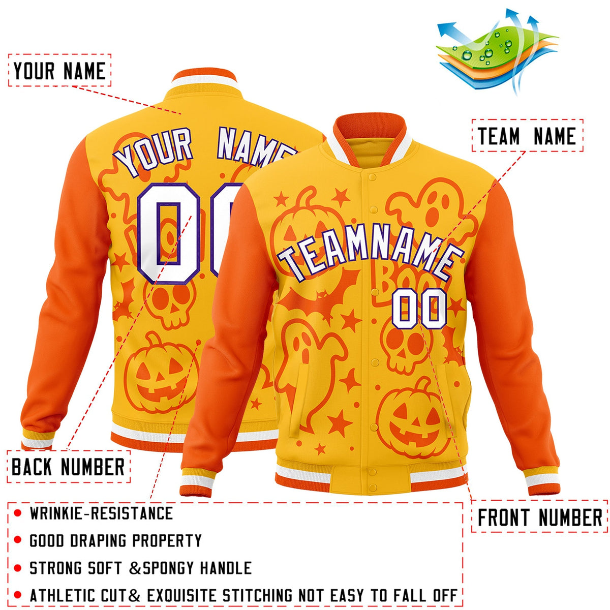 Custom Yellow Orange Gold Bats Pumpkins Ghost Patterns Halloween Letterman Jacket | Custom Letterman Jacket,Add Name and Numbern,Sublimation Printed &amp; Stitched,Perfect for Parties | KXKSHOP