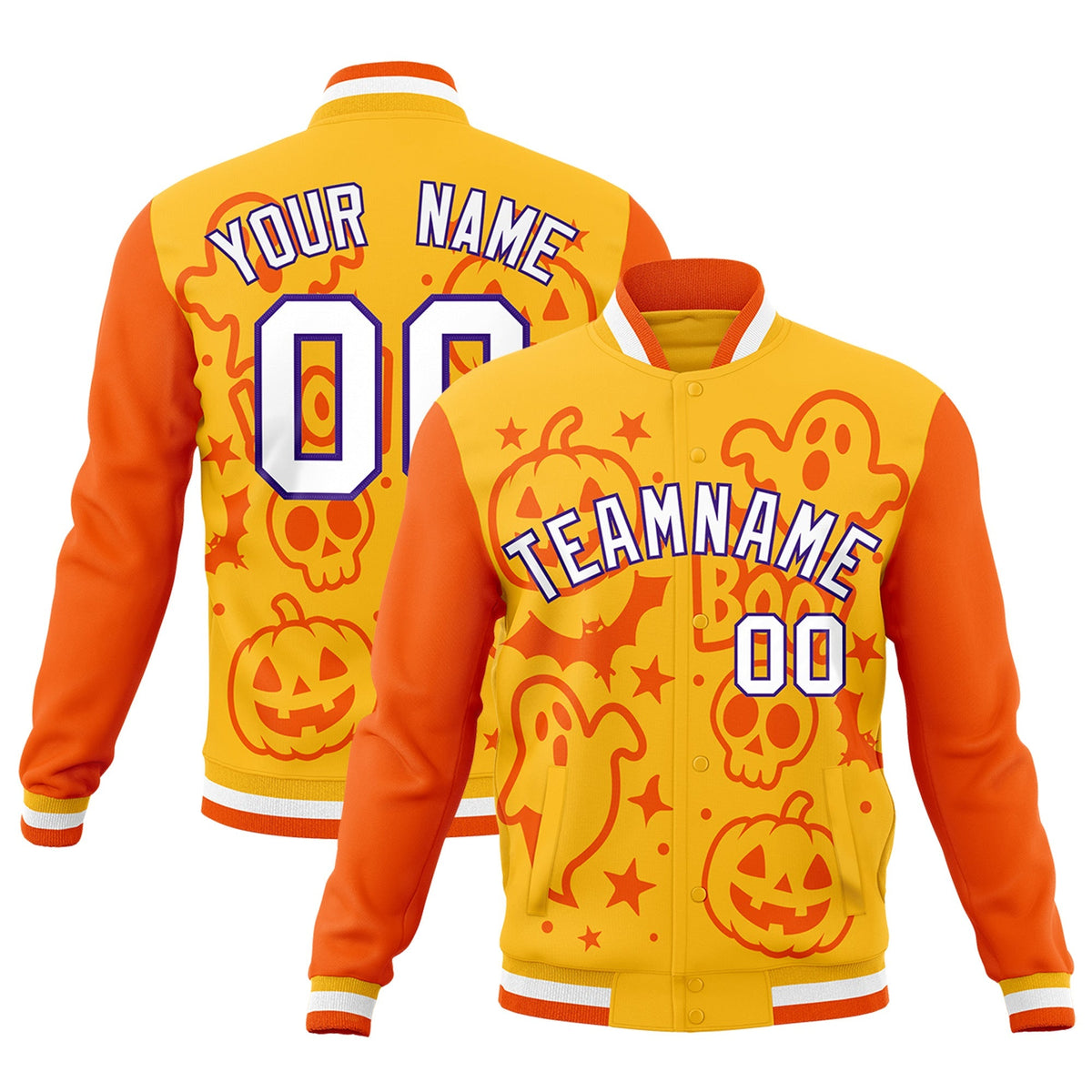 Custom Yellow Orange Gold Bats Pumpkins Ghost Patterns Halloween Letterman Jacket | Custom Letterman Jacket,Add Name and Numbern,Sublimation Printed &amp; Stitched,Perfect for Parties | KXKSHOP