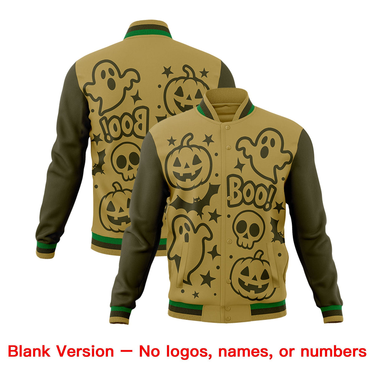 Custom Desert Yellow Kelly Green Olive Bats Pumpkins Ghost Patterns Halloween Letterman Jacket | Custom Letterman Jacket,Add Name and Numbern,Sublimation Printed &amp; Stitched,Perfect for Parties | KXKSHOP