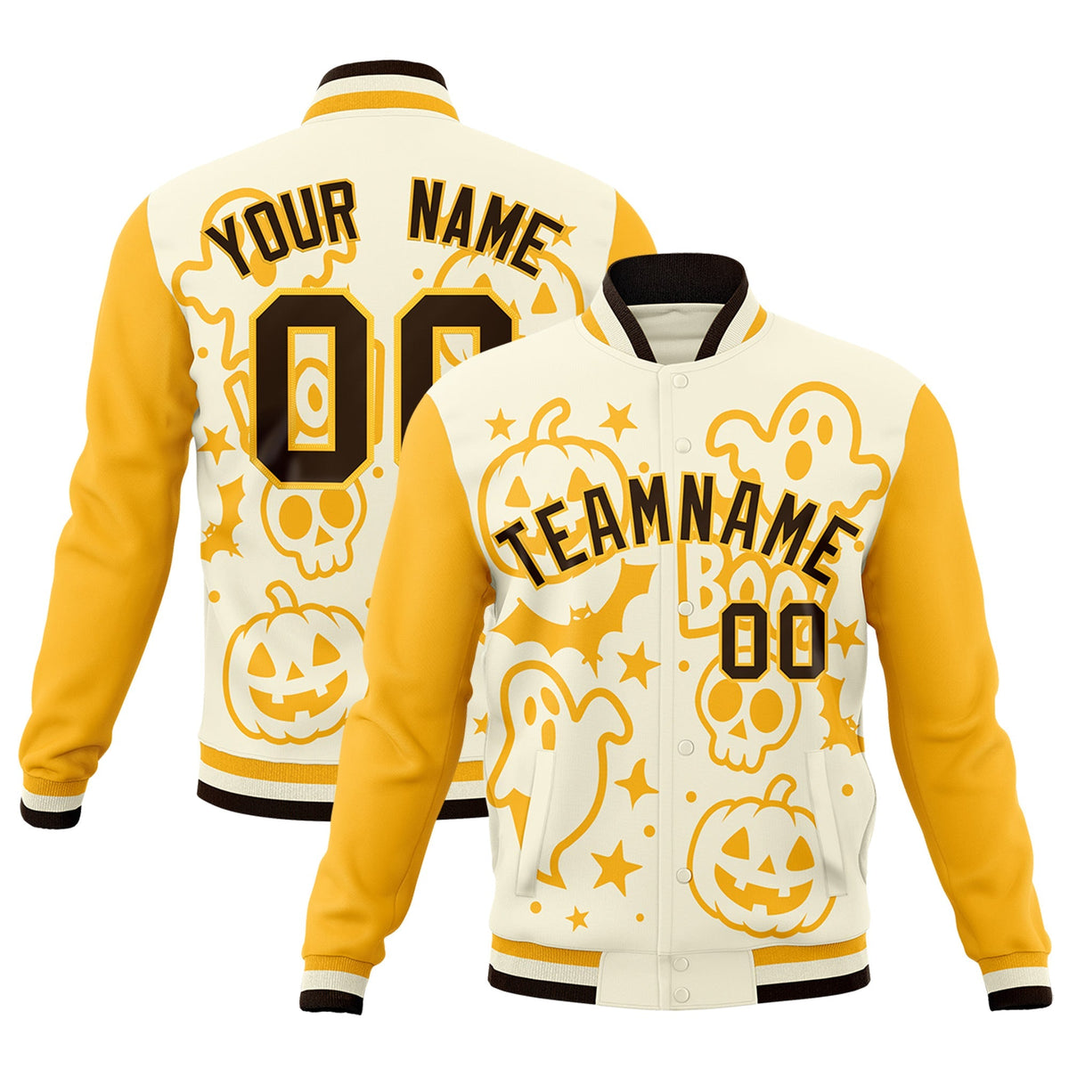 Custom Yellow Cream Gold Bats Pumpkins Ghost Patterns Halloween Letterman Jacket | Custom Letterman Jacket,Add Name and Numbern,Sublimation Printed &amp; Stitched,Perfect for Parties | KXKSHOP