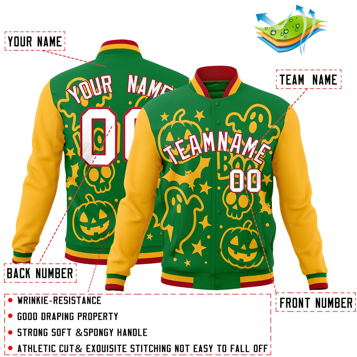 Custom Kelly Green Gold Red Bats Pumpkins Ghost Patterns Halloween Letterman Jacket | Custom Letterman Jacket,Add Name and Numbern,Sublimation Printed &amp; Stitched,Perfect for Parties | KXKSHOP