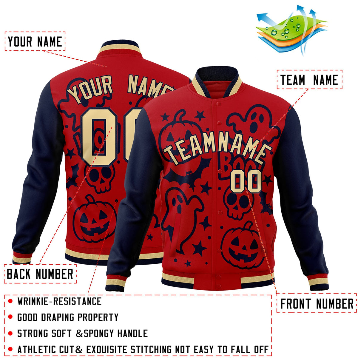 Custom Red Navy Khaki Bats Pumpkins Ghost Patterns Halloween Letterman Jacket | Custom Letterman Jacket,Add Name and Numbern,Sublimation Printed &amp; Stitched,Perfect for Parties | KXKSHOP