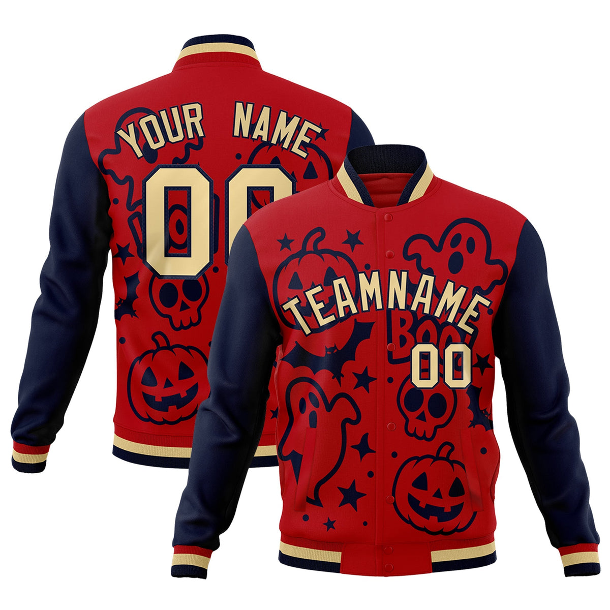 Custom Red Navy Khaki Bats Pumpkins Ghost Patterns Halloween Letterman Jacket | Custom Letterman Jacket,Add Name and Numbern,Sublimation Printed &amp; Stitched,Perfect for Parties | KXKSHOP