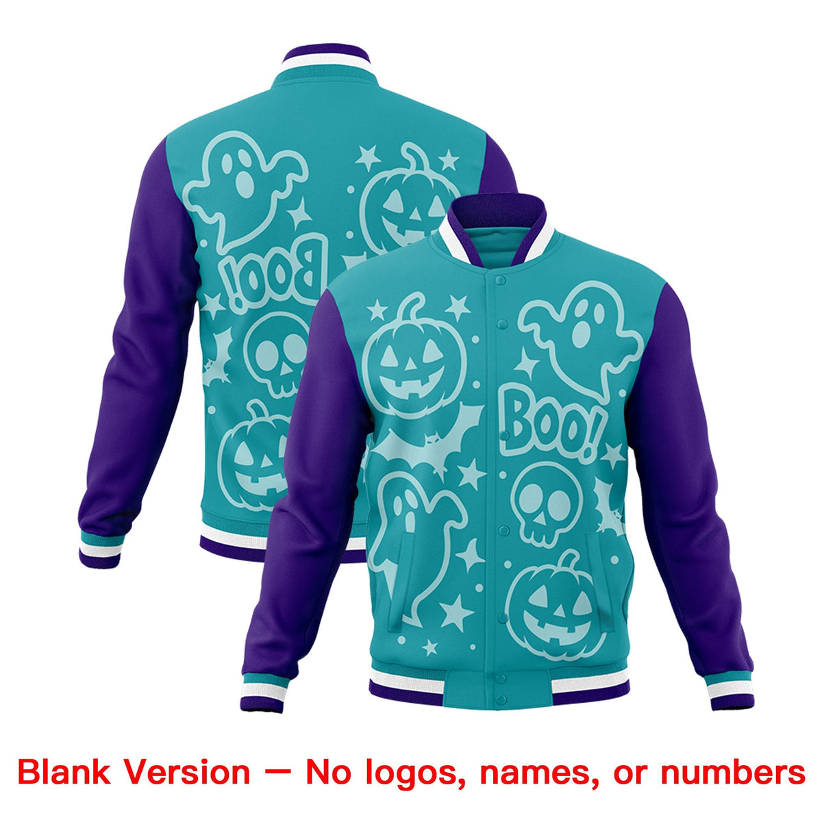 Custom Aqua Purple White Bats Pumpkins Ghost Patterns Halloween Letterman Jacket | Custom Letterman Jacket,Add Name and Numbern,Sublimation Printed &amp; Stitched,Perfect for Parties | KXKSHOP