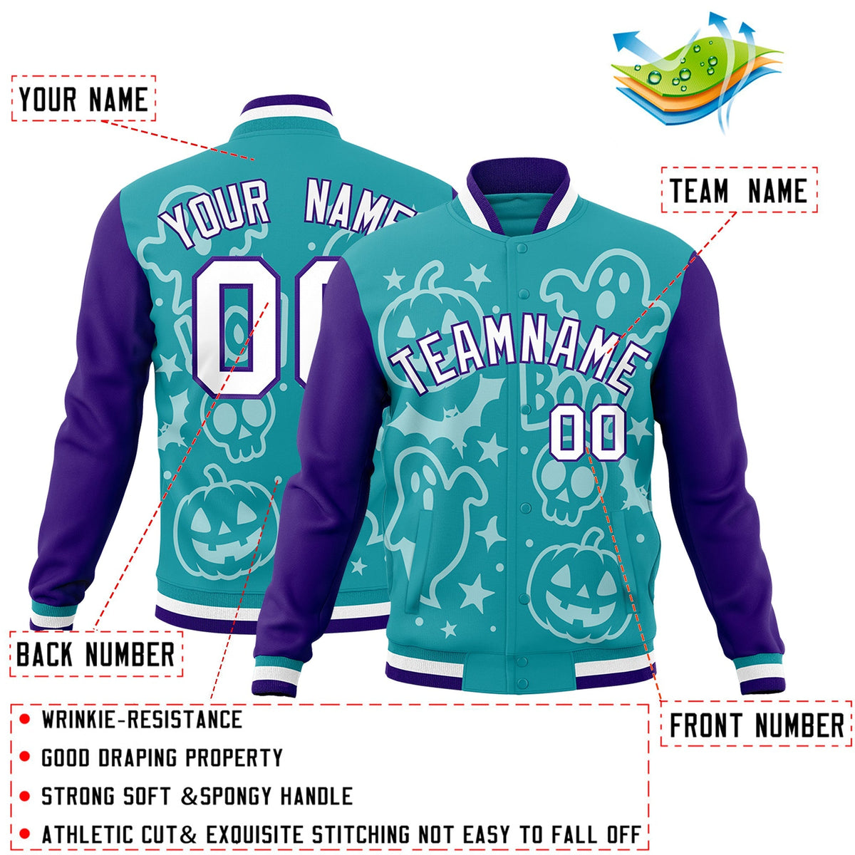 Custom Aqua Purple White Bats Pumpkins Ghost Patterns Halloween Letterman Jacket | Custom Letterman Jacket,Add Name and Numbern,Sublimation Printed &amp; Stitched,Perfect for Parties | KXKSHOP