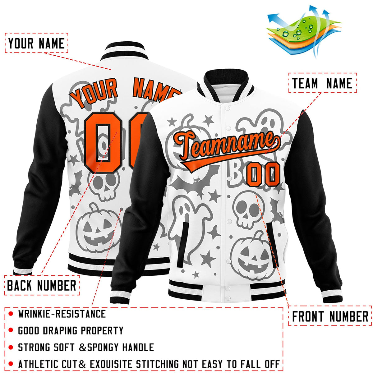 Custom White Black Orange Bats Pumpkins Ghost Patterns Halloween Letterman Jacket | Custom Letterman Jacket,Add Name and Numbern,Sublimation Printed &amp; Stitched,Perfect for Parties | KXKSHOP