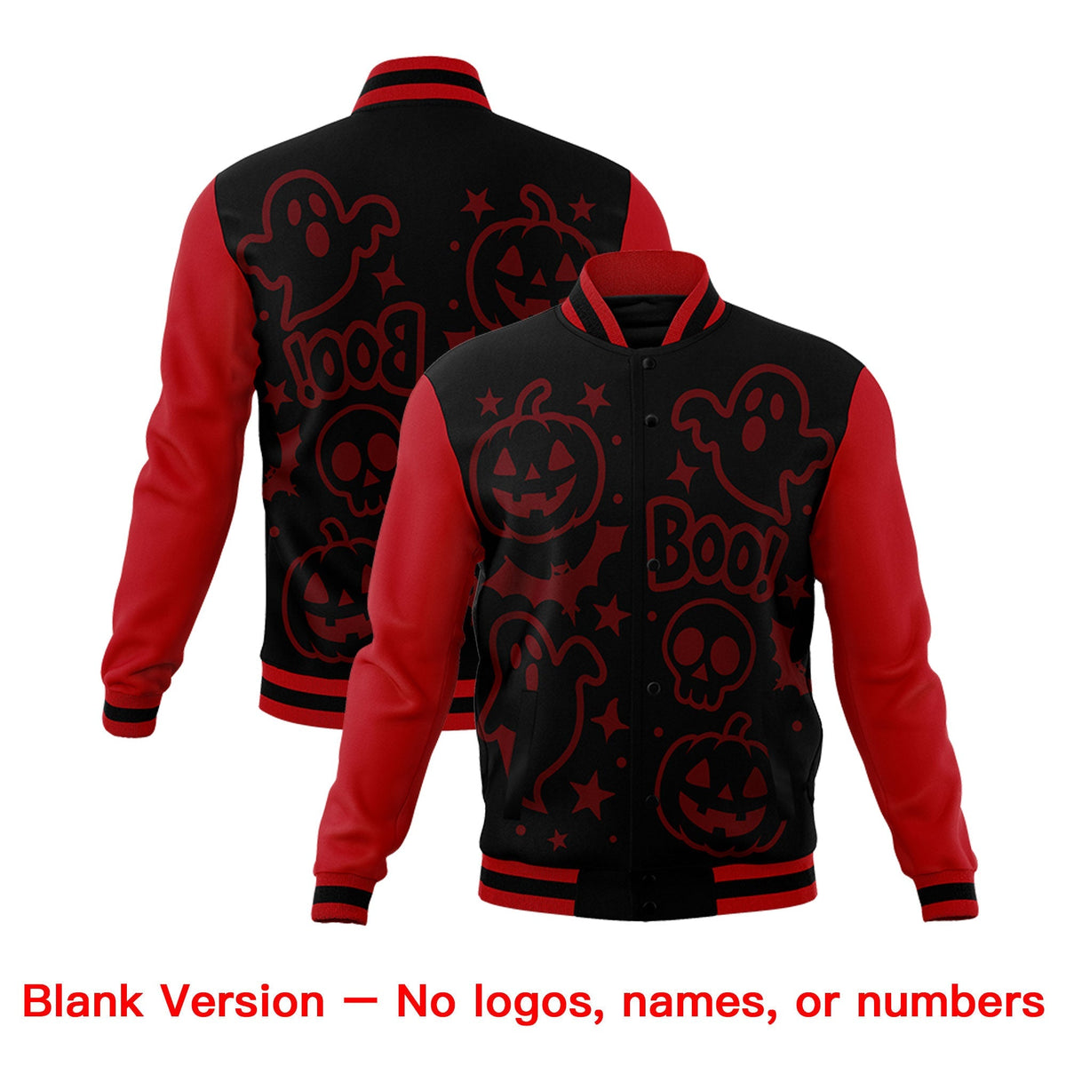 Custom Red Black Gold Bats Pumpkins Ghost Patterns Halloween Letterman Jacket | Custom Letterman Jacket,Add Name and Numbern,Sublimation Printed &amp; Stitched,Perfect for Parties | KXKSHOP