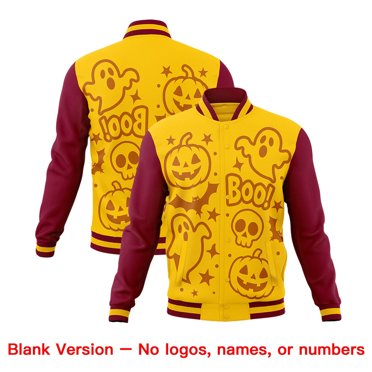 Custom Crimson Gold Yellow Bats Pumpkins Ghost Patterns Halloween Letterman Jacket | Custom Letterman Jacket,Add Name and Numbern,Sublimation Printed &amp; Stitched,Perfect for Parties | KXKSHOP