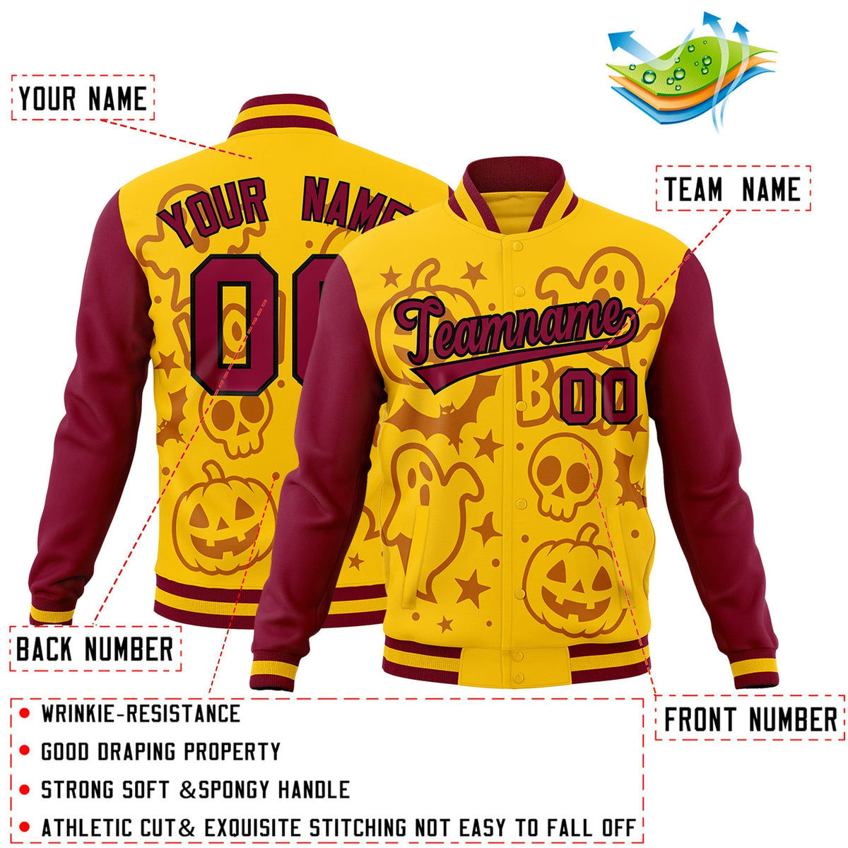 Custom Crimson Gold Yellow Bats Pumpkins Ghost Patterns Halloween Letterman Jacket | Custom Letterman Jacket,Add Name and Numbern,Sublimation Printed &amp; Stitched,Perfect for Parties | KXKSHOP