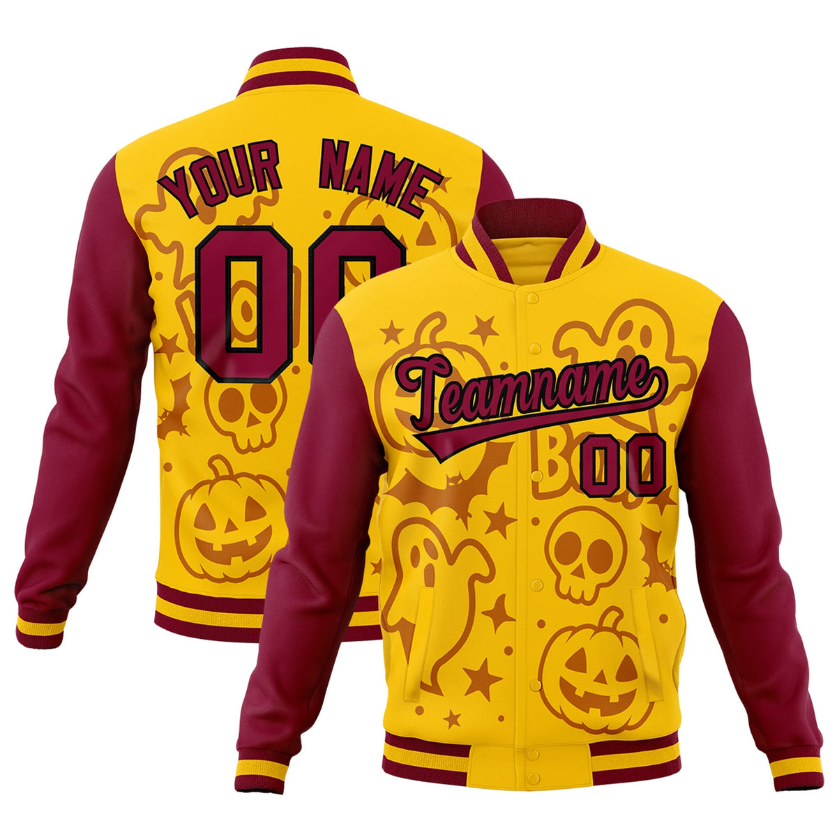 Custom Crimson Gold Yellow Bats Pumpkins Ghost Patterns Halloween Letterman Jacket | Custom Letterman Jacket,Add Name and Numbern,Sublimation Printed &amp; Stitched,Perfect for Parties | KXKSHOP