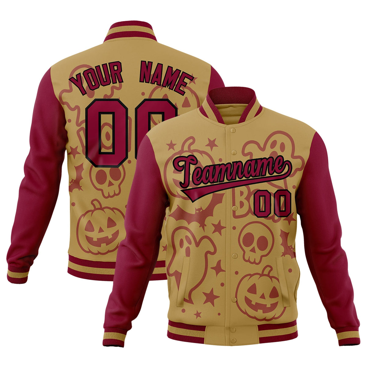 Custom Khaki Crimson Black Bats Pumpkins Ghost Patterns Halloween Letterman Jacket | Custom Letterman Jacket,Add Name and Numbern,Sublimation Printed &amp; Stitched,Perfect for Parties | KXKSHOP