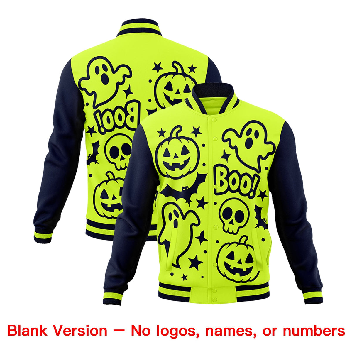 Custom Neon Green Navy Orange Bats Pumpkins Ghost Patterns Halloween Letterman Jacket | Custom Letterman Jacket,Add Name and Numbern,Sublimation Printed &amp; Stitched,Perfect for Parties | KXKSHOP