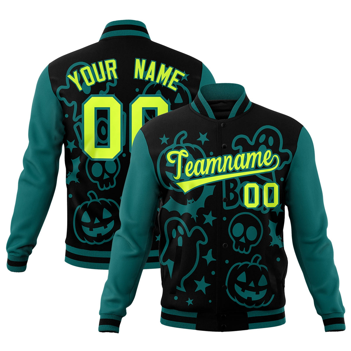 Custom Teal Black Neon Green Bats Pumpkins Ghost Patterns Halloween Letterman Jacket | Custom Letterman Jacket,Add Name and Numbern,Sublimation Printed &amp; Stitched,Perfect for Parties | KXKSHOP