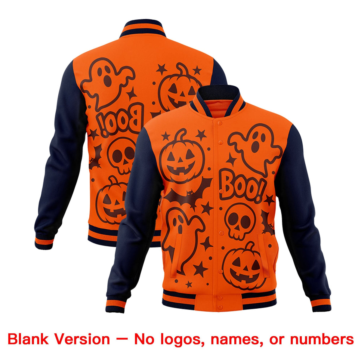 Custom Navy Orange Teal Bats Pumpkins Ghost Patterns Halloween Letterman Jacket | Custom Letterman Jacket,Add Name and Numbern,Sublimation Printed &amp; Stitched,Perfect for Parties | KXKSHOP