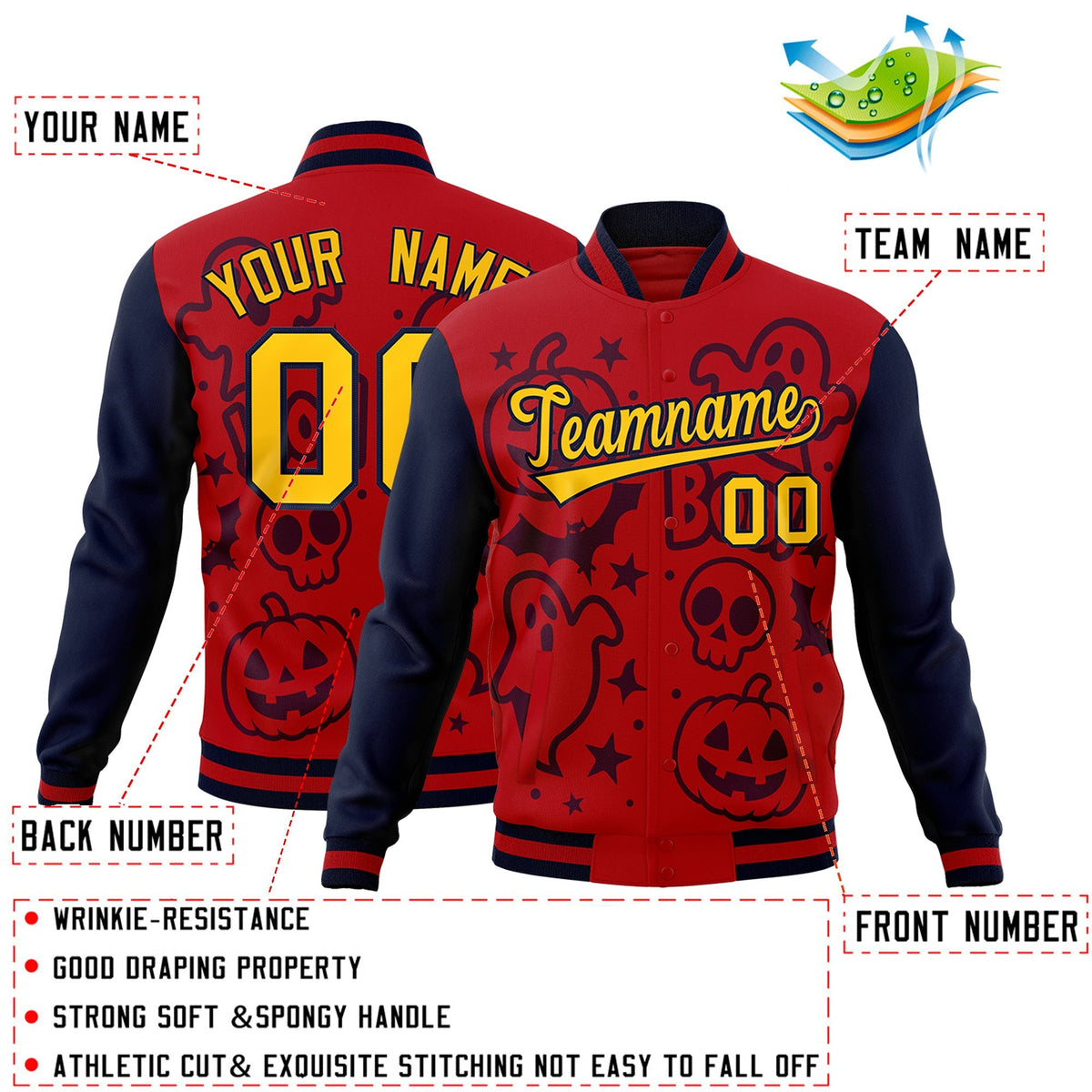 Custom Navy Red Gold Bats Pumpkins Ghost Patterns Halloween Letterman Jacket | Custom Letterman Jacket,Add Name and Numbern,Sublimation Printed &amp; Stitched,Perfect for Parties | KXKSHOP