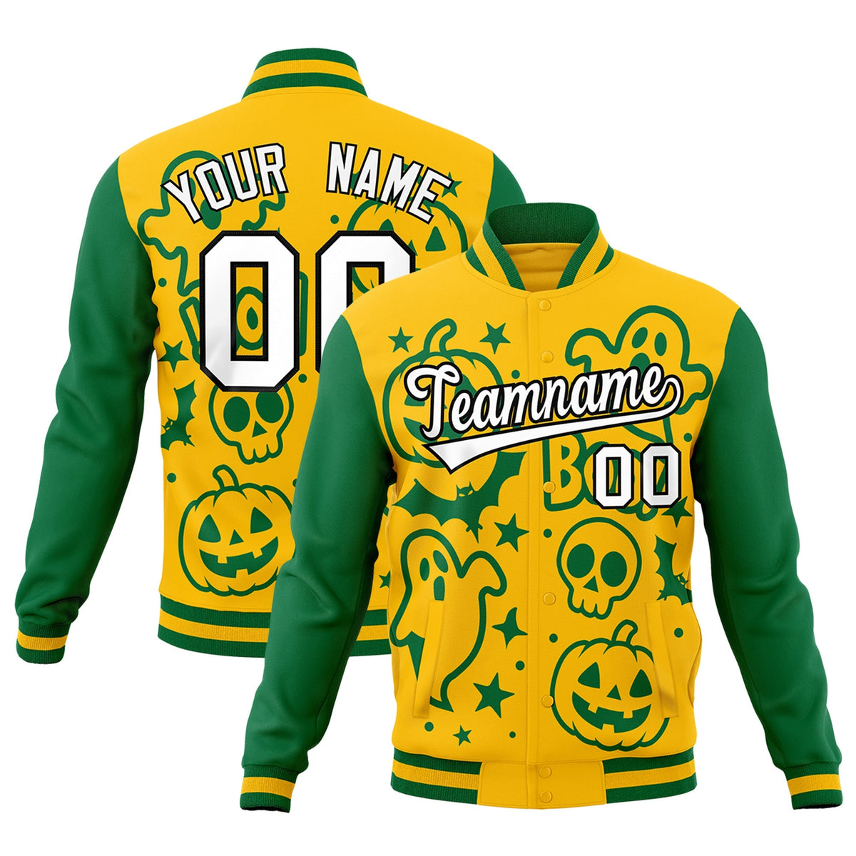 Custom Gold Kelly Green White Bats Pumpkins Ghost Patterns Halloween Letterman Jacket | Custom Letterman Jacket,Add Name and Numbern,Sublimation Printed &amp; Stitched,Perfect for Parties | KXKSHOP