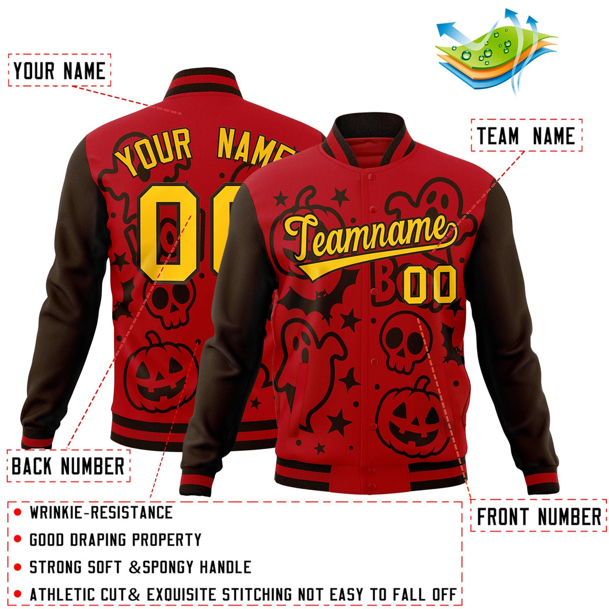 Custom Red Brown Gold Bats Pumpkins Ghost Patterns Halloween Letterman Jacket | Custom Letterman Jacket,Add Name and Numbern,Sublimation Printed &amp; Stitched,Perfect for Parties | KXKSHOP