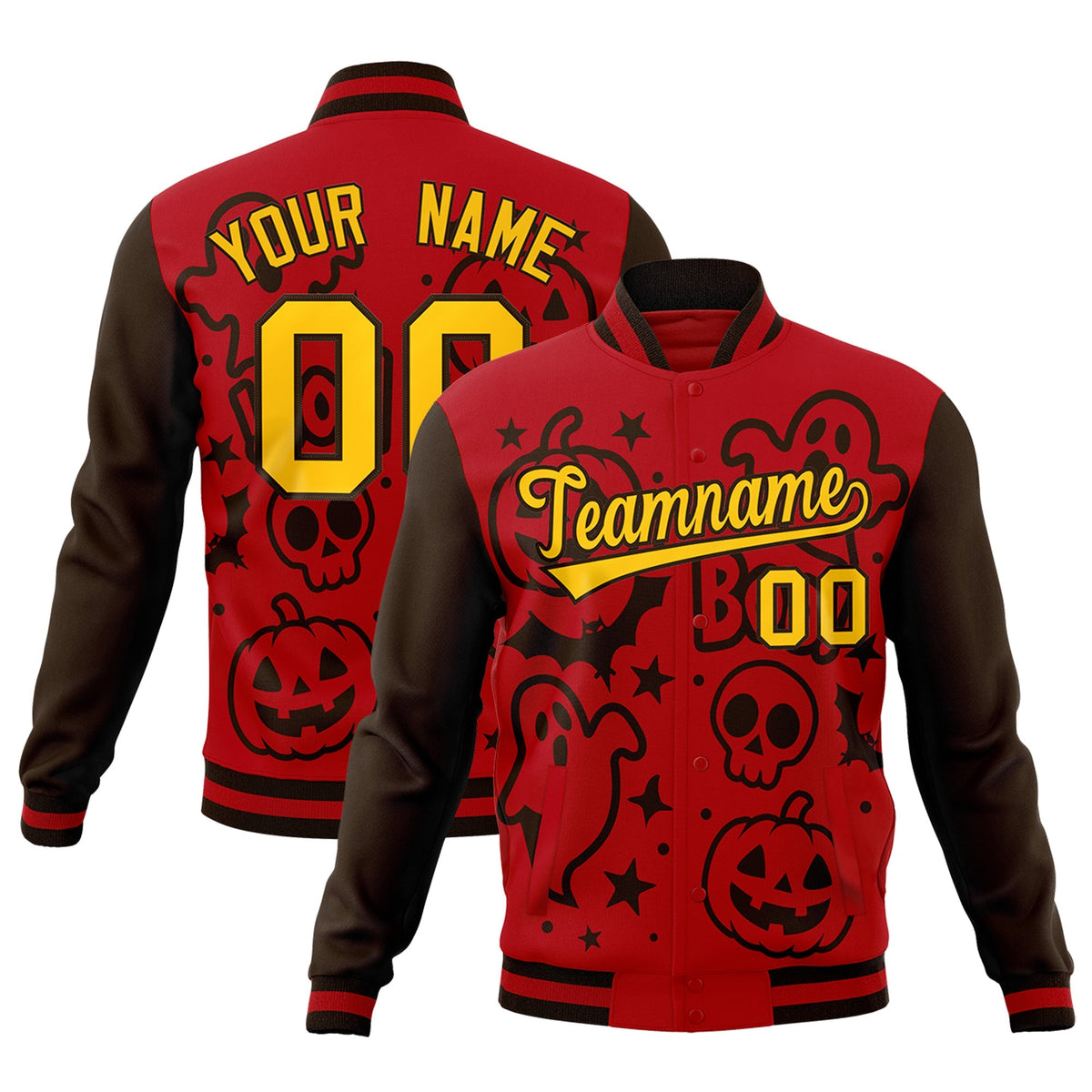 Custom Red Brown Gold Bats Pumpkins Ghost Patterns Halloween Letterman Jacket | Custom Letterman Jacket,Add Name and Numbern,Sublimation Printed &amp; Stitched,Perfect for Parties | KXKSHOP