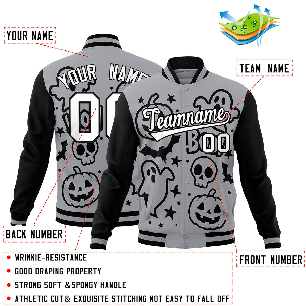 Custom Gray Black White Bats Pumpkins Ghost Patterns Halloween Letterman Jacket | Custom Letterman Jacket,Add Name and Numbern,Sublimation Printed &amp; Stitched,Perfect for Parties | KXKSHOP