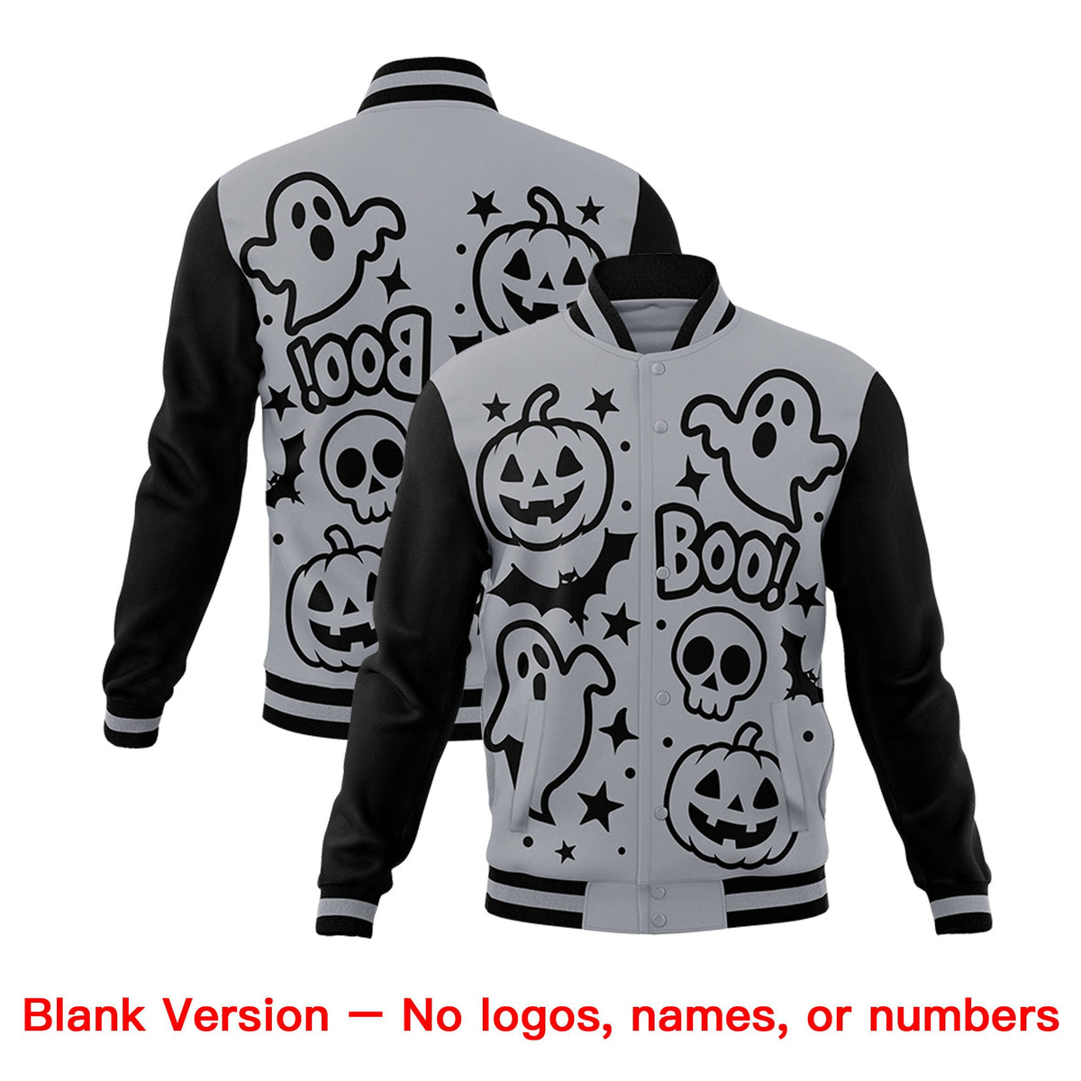 Custom Gray Black Gold Bats Pumpkins Ghost Patterns Halloween Letterman Jacket | Custom Letterman Jacket,Add Name and Numbern,Sublimation Printed &amp; Stitched,Perfect for Parties | KXKSHOP