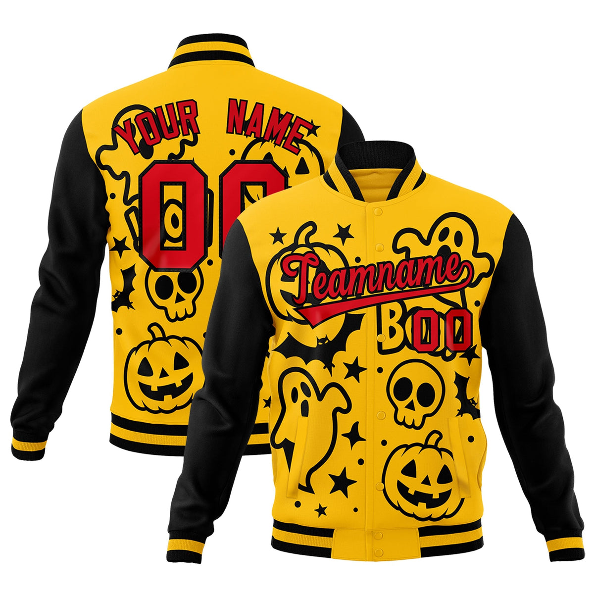 Custom Gold Black Red Bats Pumpkins Ghost Patterns Halloween Letterman Jacket | Custom Letterman Jacket,Add Name and Numbern,Sublimation Printed &amp; Stitched,Perfect for Parties | KXKSHOP