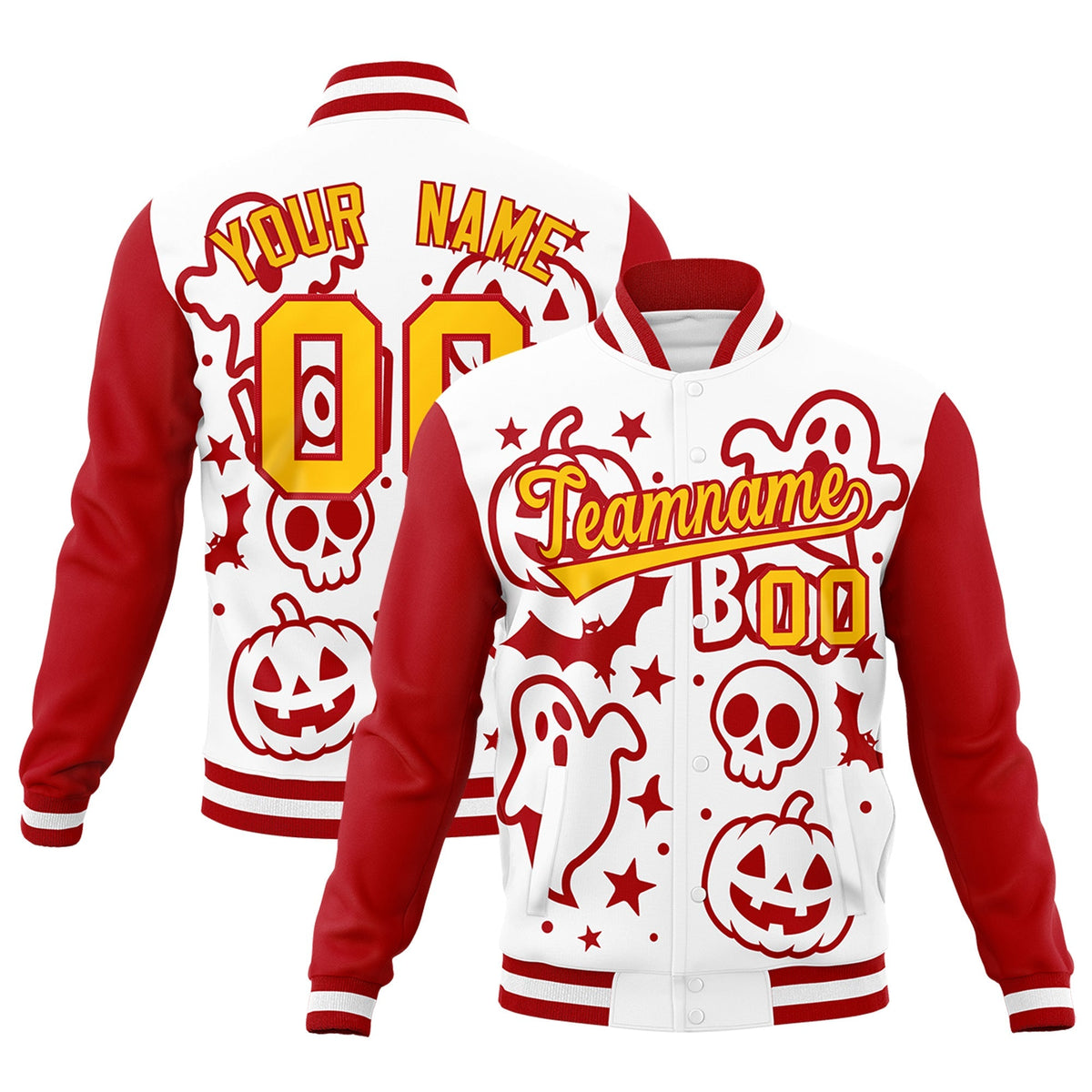 Custom White Red Gold Bats Pumpkins Ghost Patterns Halloween Letterman Jacket | Custom Letterman Jacket,Add Name and Numbern,Sublimation Printed &amp; Stitched,Perfect for Parties | KXKSHOP