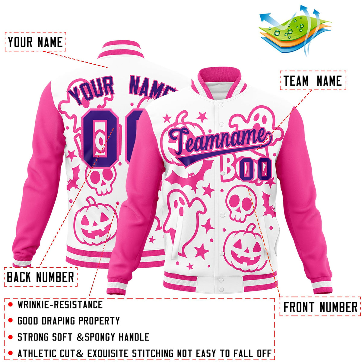 Custom White Pink Purple Bats Pumpkins Ghost Patterns Halloween Letterman Jacket | Custom Letterman Jacket,Add Name and Numbern,Sublimation Printed &amp; Stitched,Perfect for Parties | KXKSHOP