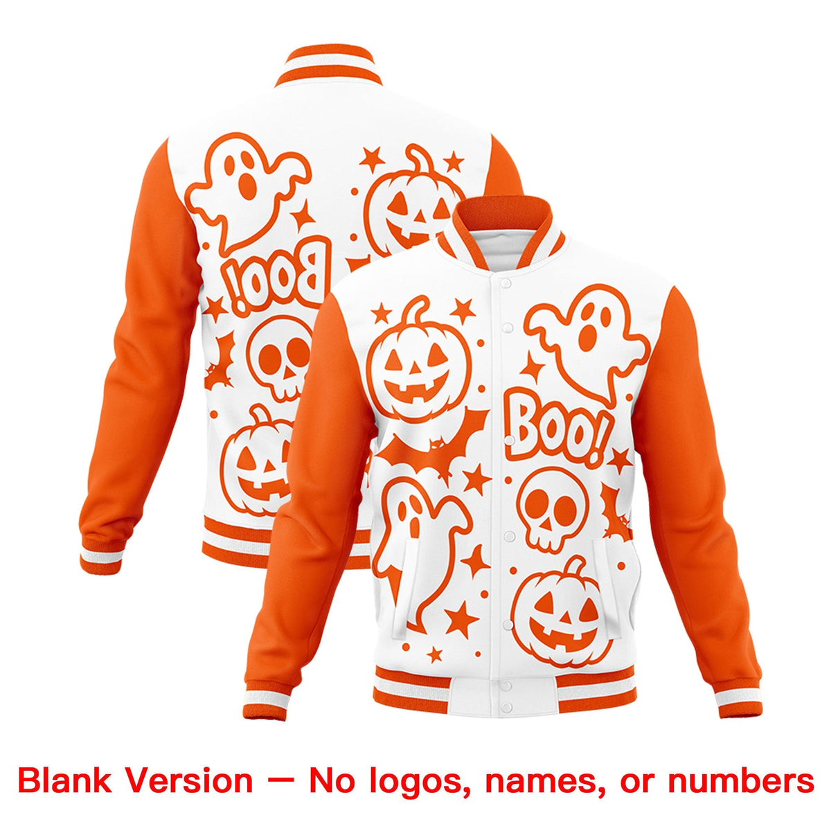 Custom White Orange Purple Bats Pumpkins Ghost Patterns Halloween Letterman Jacket | Custom Letterman Jacket,Add Name and Numbern,Sublimation Printed &amp; Stitched,Perfect for Parties | KXKSHOP