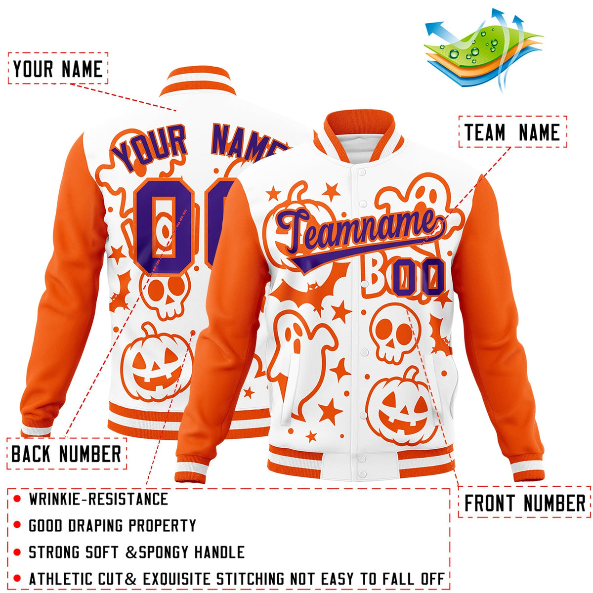 Custom White Orange Purple Bats Pumpkins Ghost Patterns Halloween Letterman Jacket | Custom Letterman Jacket,Add Name and Numbern,Sublimation Printed &amp; Stitched,Perfect for Parties | KXKSHOP