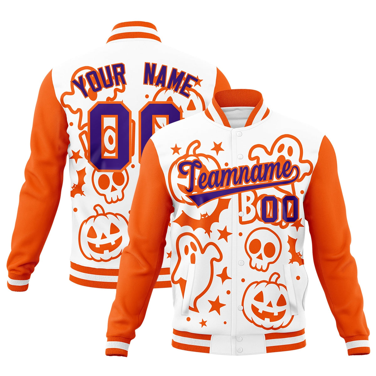 Custom White Orange Purple Bats Pumpkins Ghost Patterns Halloween Letterman Jacket | Custom Letterman Jacket,Add Name and Numbern,Sublimation Printed &amp; Stitched,Perfect for Parties | KXKSHOP