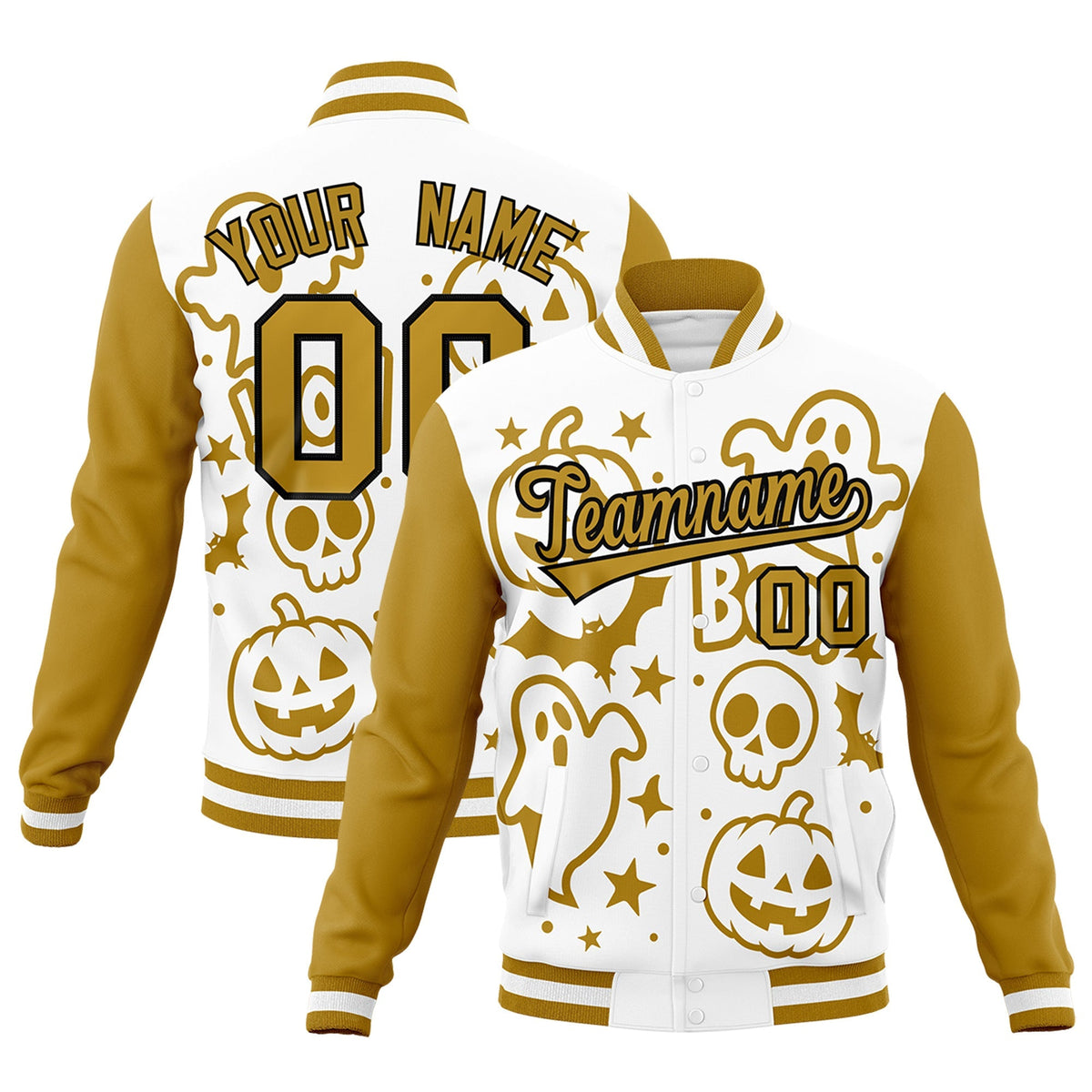 Custom White Old Gold Black Bats Pumpkins Ghost Patterns Halloween Letterman Jacket | Custom Letterman Jacket,Add Name and Numbern,Sublimation Printed &amp; Stitched,Perfect for Parties | KXKSHOP