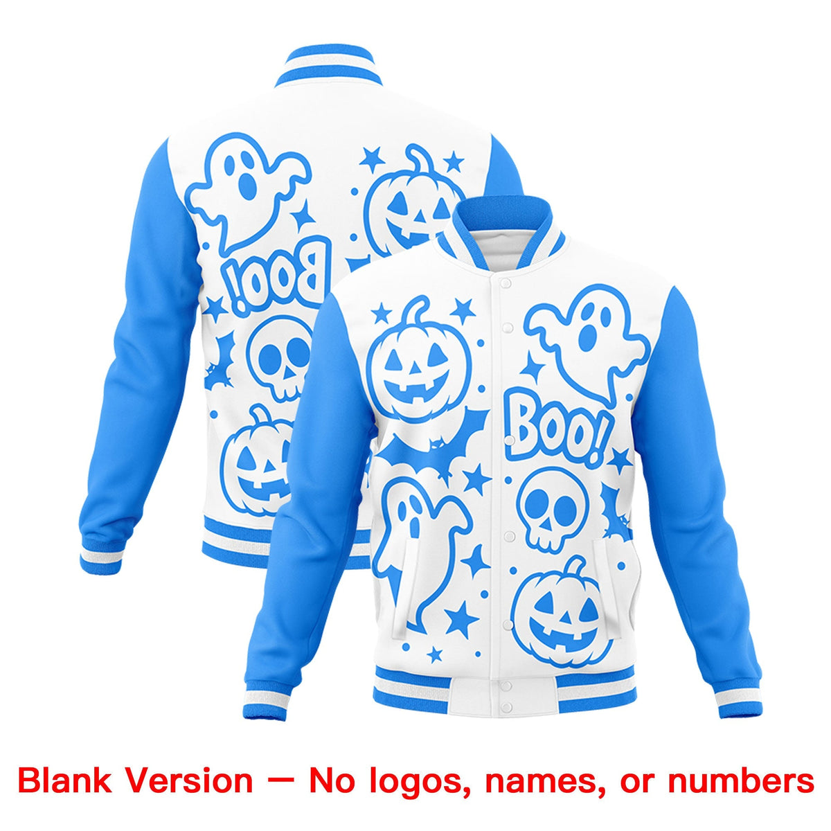 Custom White Powder Blue Pink Bats Pumpkins Ghost Patterns Halloween Letterman Jacket | Custom Letterman Jacket,Add Name and Numbern,Sublimation Printed &amp; Stitched,Perfect for Parties | KXKSHOP