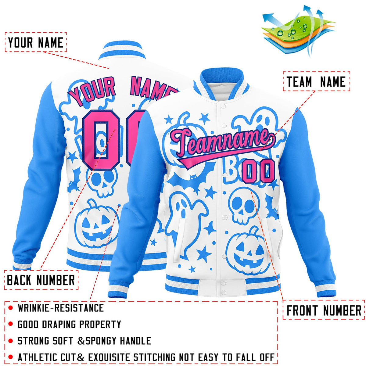 Custom White Powder Blue Pink Bats Pumpkins Ghost Patterns Halloween Letterman Jacket | Custom Letterman Jacket,Add Name and Numbern,Sublimation Printed &amp; Stitched,Perfect for Parties | KXKSHOP
