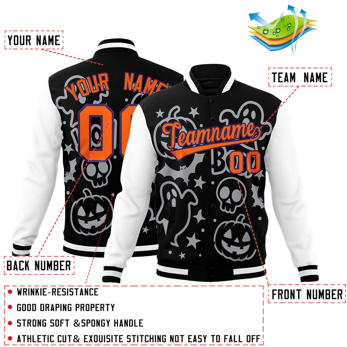 Custom Navy White Orange Bats Pumpkins Ghost Patterns Halloween Letterman Jacket | Custom Letterman Jacket,Add Name and Numbern,Sublimation Printed &amp; Stitched,Perfect for Parties | KXKSHOP