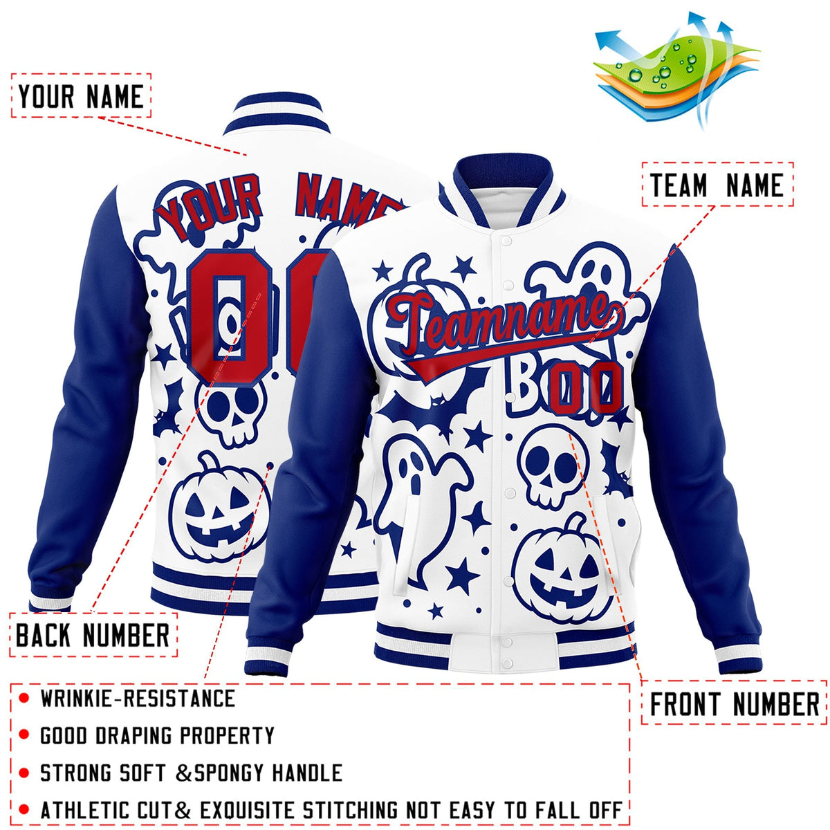 Custom Royal Blue White Red Bats Pumpkins Ghost Patterns Halloween Letterman Jacket | Custom Letterman Jacket,Add Name and Numbern,Sublimation Printed &amp; Stitched,Perfect for Parties | KXKSHOP