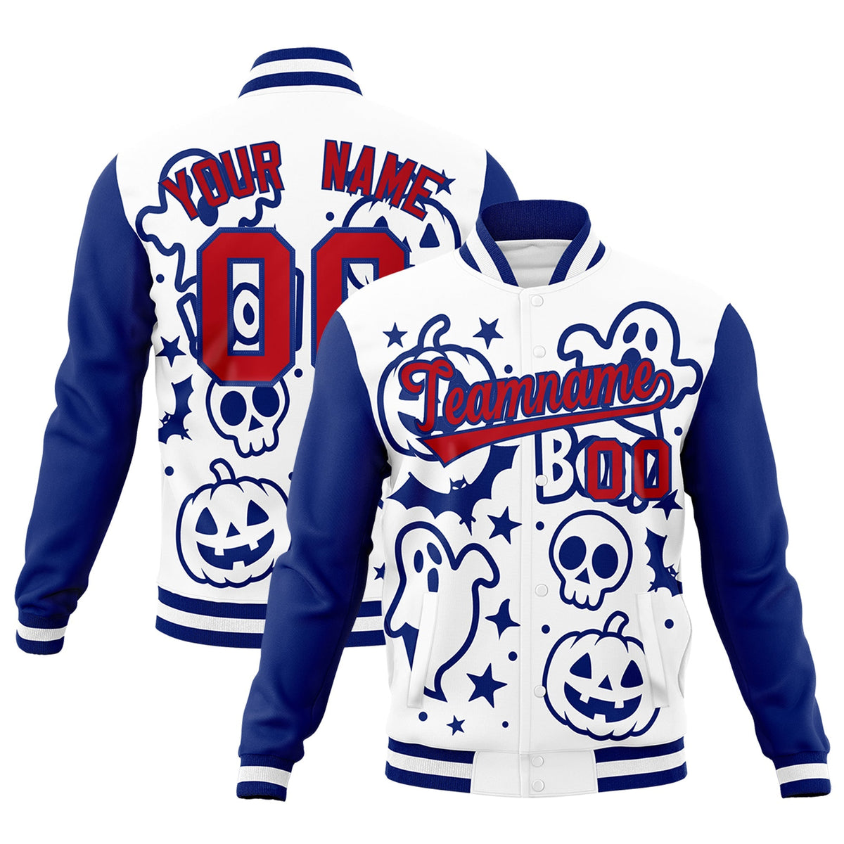 Custom Royal Blue White Red Bats Pumpkins Ghost Patterns Halloween Letterman Jacket | Custom Letterman Jacket,Add Name and Numbern,Sublimation Printed &amp; Stitched,Perfect for Parties | KXKSHOP