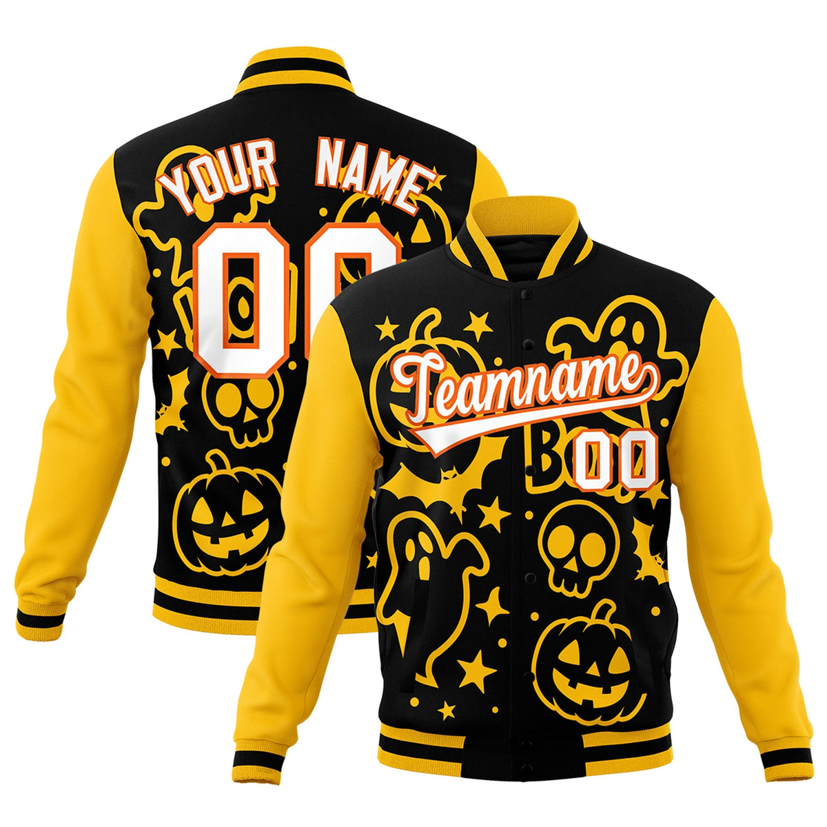 Custom Gold Black White Bats Pumpkins Ghost Patterns Halloween Letterman Jacket | Custom Letterman Jacket,Add Name and Numbern,Sublimation Printed &amp; Stitched,Perfect for Parties | KXKSHOP
