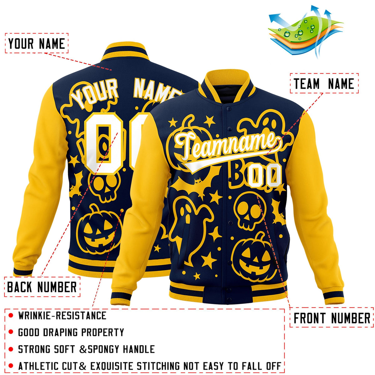 Custom Gold Navy White Bats Pumpkins Ghost Patterns Halloween Letterman Jacket | Custom Letterman Jacket,Add Name and Numbern,Sublimation Printed &amp; Stitched,Perfect for Parties | KXKSHOP