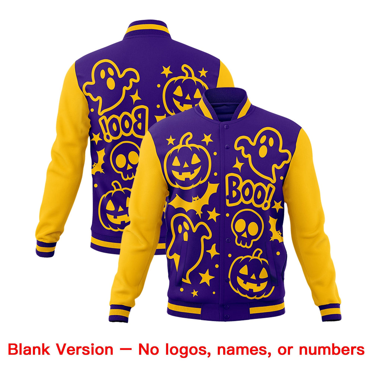Custom Purple Gold White Bats Pumpkins Ghost Patterns Halloween Letterman Jacket | Custom Letterman Jacket,Add Name and Numbern,Sublimation Printed &amp; Stitched,Perfect for Parties | KXKSHOP