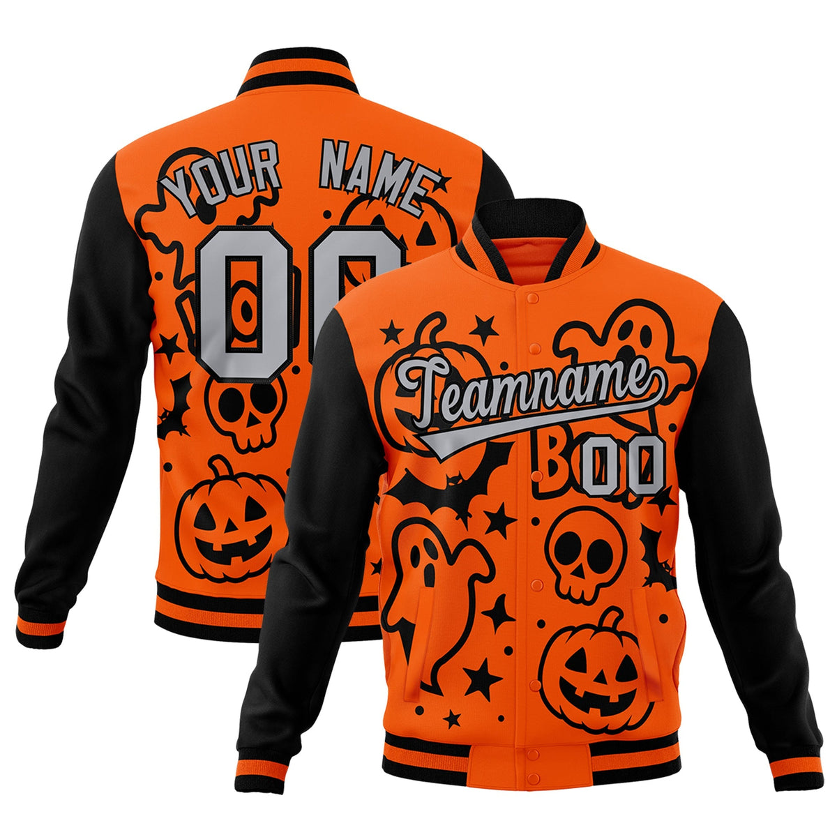 Custom Black Orange Gray Bats Pumpkins Ghost Patterns Halloween Letterman Jacket | Custom Letterman Jacket,Add Name and Numbern,Sublimation Printed &amp; Stitched,Perfect for Parties | KXKSHOP