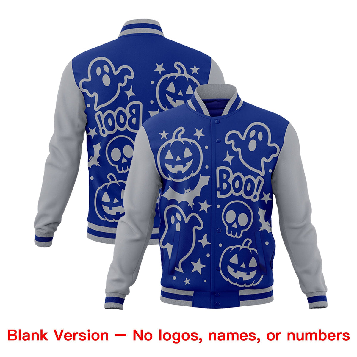 Custom Gray Royal Blue White Bats Pumpkins Ghost Patterns Halloween Letterman Jacket | Custom Letterman Jacket,Add Name and Numbern,Sublimation Printed &amp; Stitched,Perfect for Parties | KXKSHOP