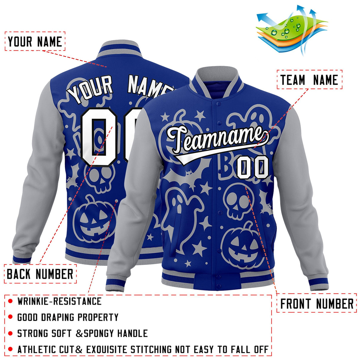 Custom Gray Royal Blue White Bats Pumpkins Ghost Patterns Halloween Letterman Jacket | Custom Letterman Jacket,Add Name and Numbern,Sublimation Printed &amp; Stitched,Perfect for Parties | KXKSHOP