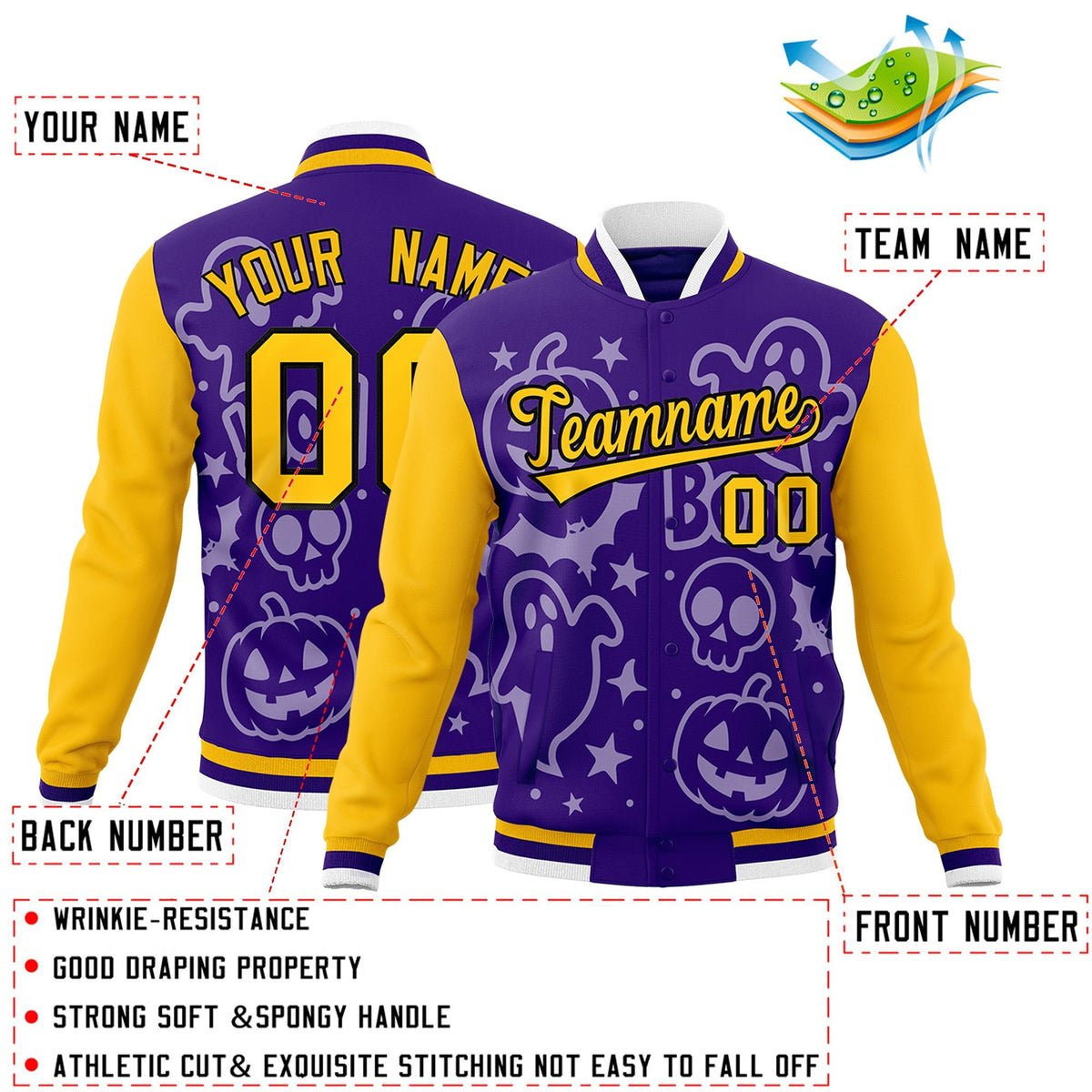 Custom Yellow Purple Gold Bats Pumpkins Ghost Patterns Halloween Letterman Jacket | Custom Letterman Jacket,Add Name and Numbern,Sublimation Printed &amp; Stitched,Perfect for Parties | KXKSHOP