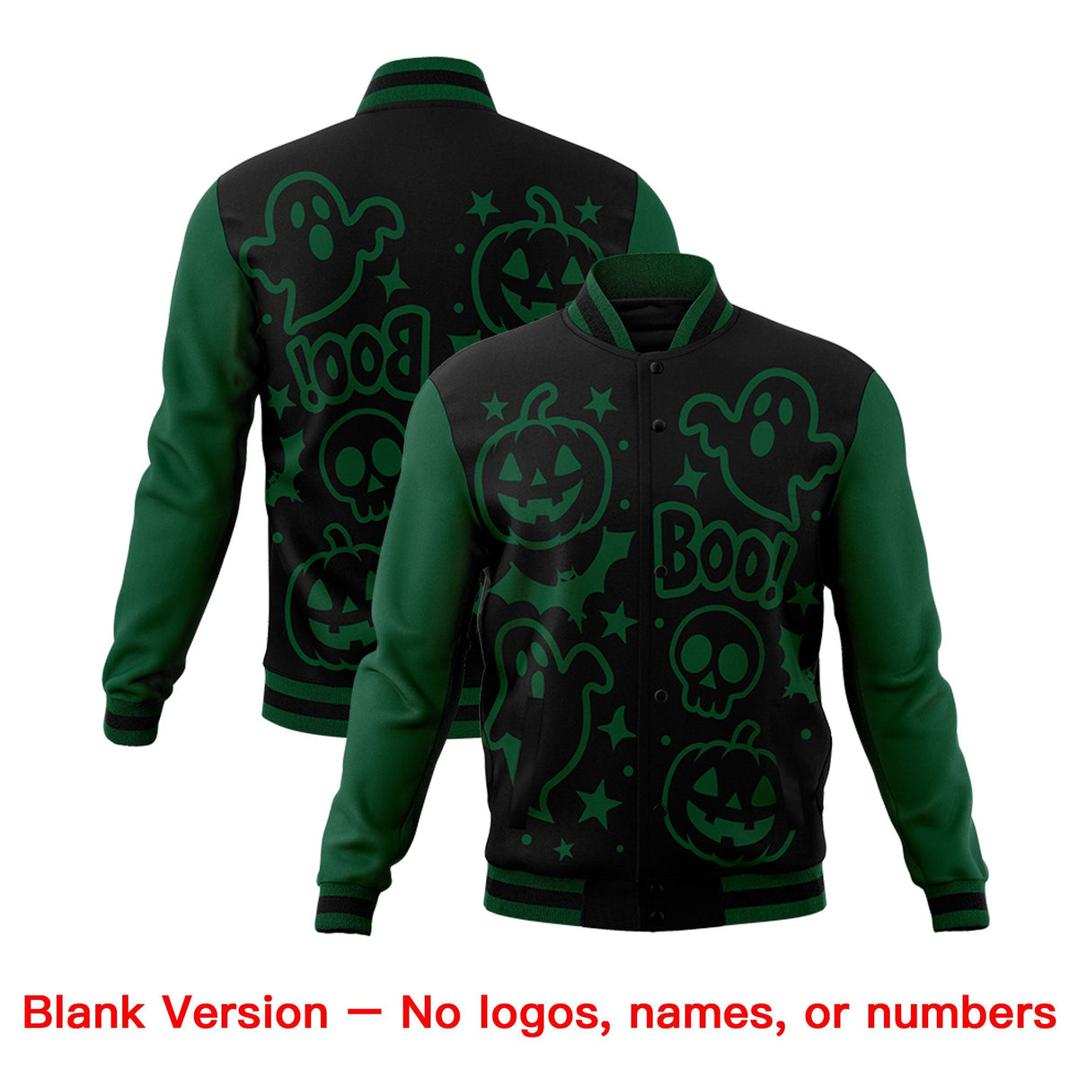 Custom Green Black Gold Bats Pumpkins Ghost Patterns Halloween Letterman Jacket | Custom Letterman Jacket,Add Name and Numbern,Sublimation Printed &amp; Stitched,Perfect for Parties | KXKSHOP