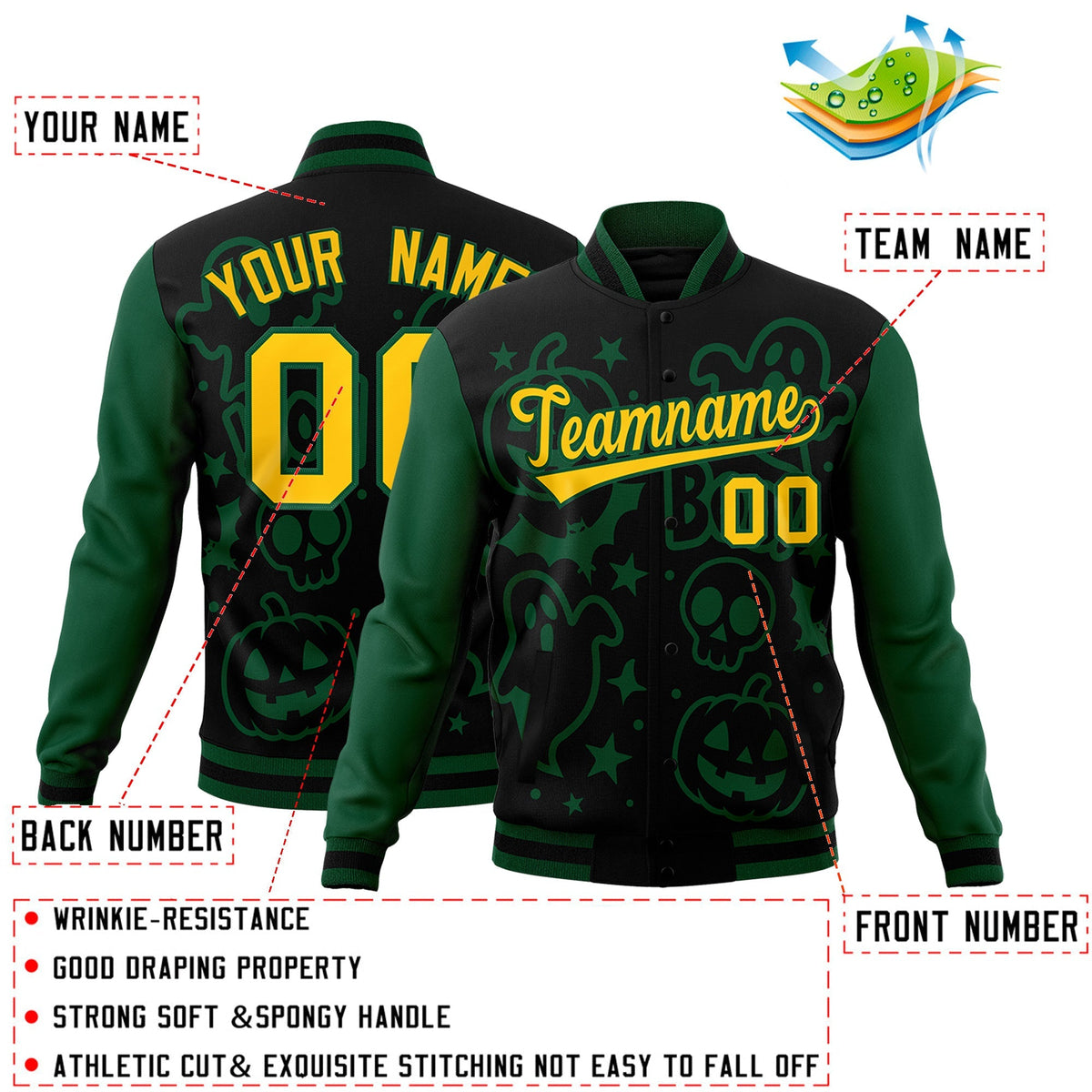 Custom Green Black Gold Bats Pumpkins Ghost Patterns Halloween Letterman Jacket | Custom Letterman Jacket,Add Name and Numbern,Sublimation Printed &amp; Stitched,Perfect for Parties | KXKSHOP