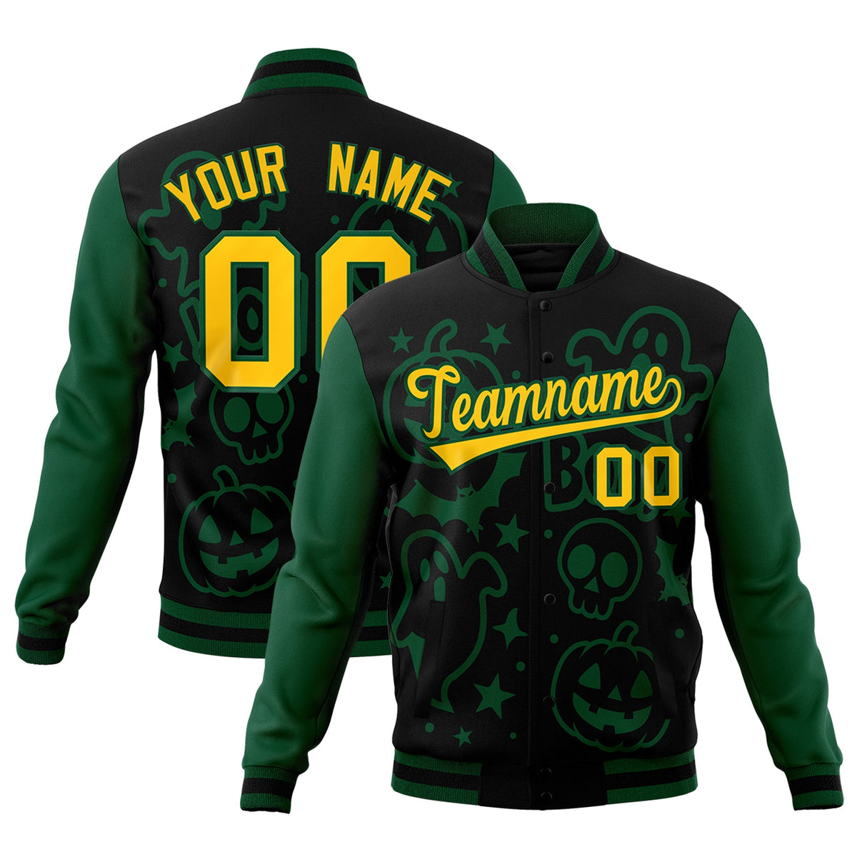 Custom Green Black Gold Bats Pumpkins Ghost Patterns Halloween Letterman Jacket | Custom Letterman Jacket,Add Name and Numbern,Sublimation Printed &amp; Stitched,Perfect for Parties | KXKSHOP