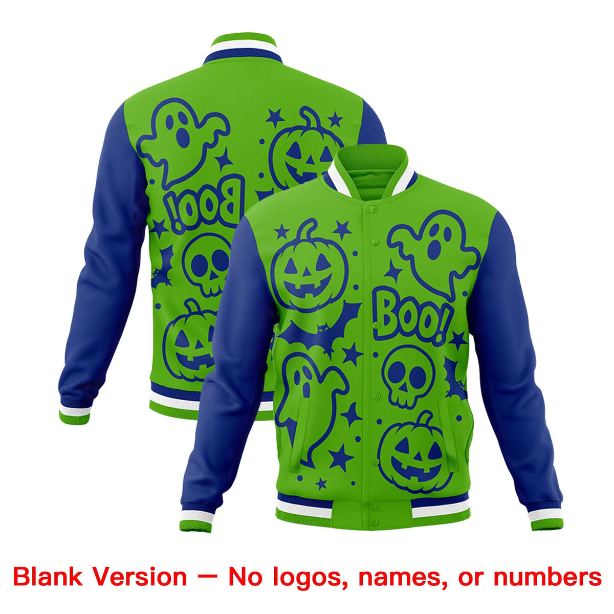 Custom Green Royal Blue White Bats Pumpkins Ghost Patterns Halloween Letterman Jacket | Custom Letterman Jacket,Add Name and Numbern,Sublimation Printed &amp; Stitched,Perfect for Parties | KXKSHOP