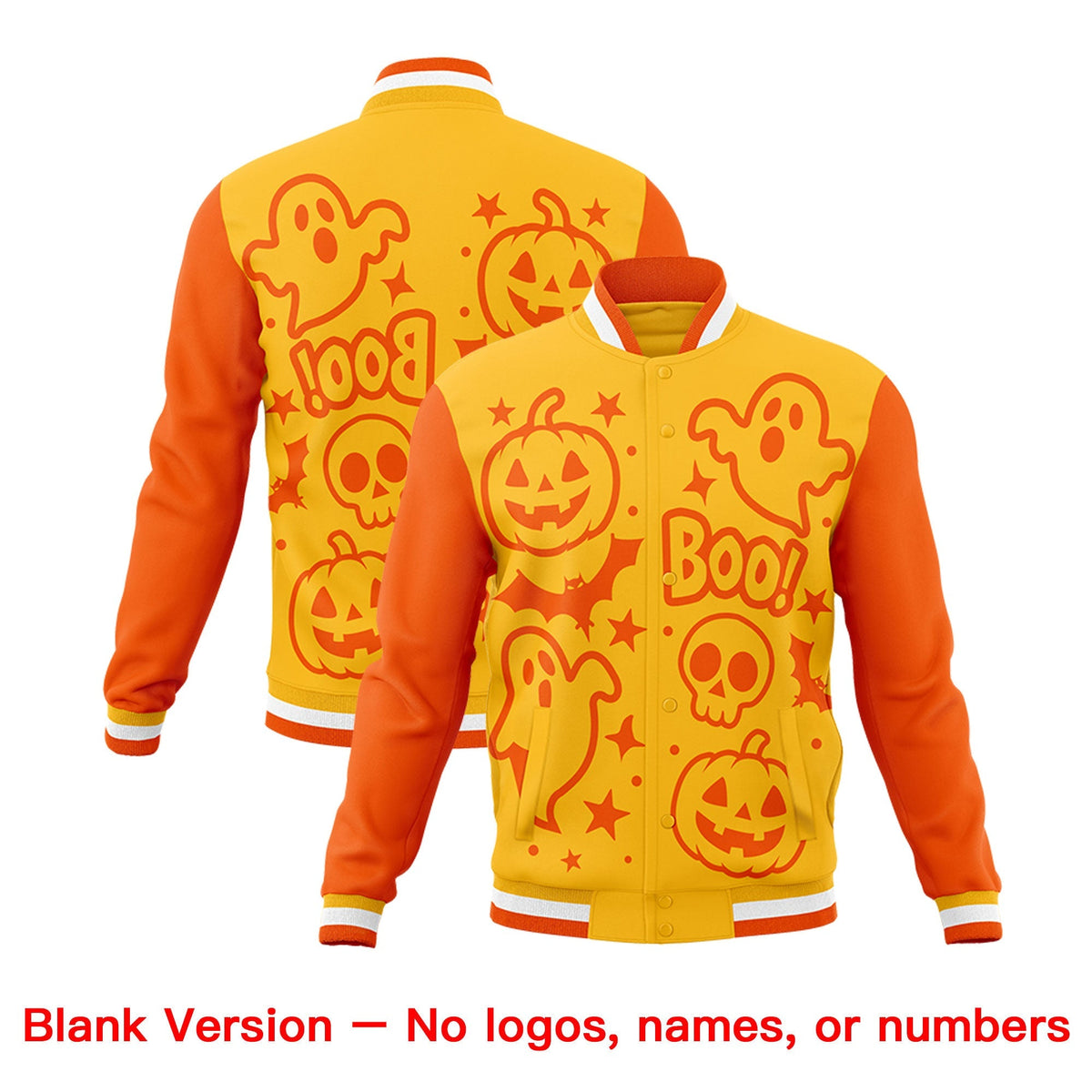 Custom Yellow Orange Gold Bats Pumpkins Ghost Patterns Halloween Letterman Jacket | Custom Letterman Jacket,Add Name and Numbern,Sublimation Printed &amp; Stitched,Perfect for Parties | KXKSHOP